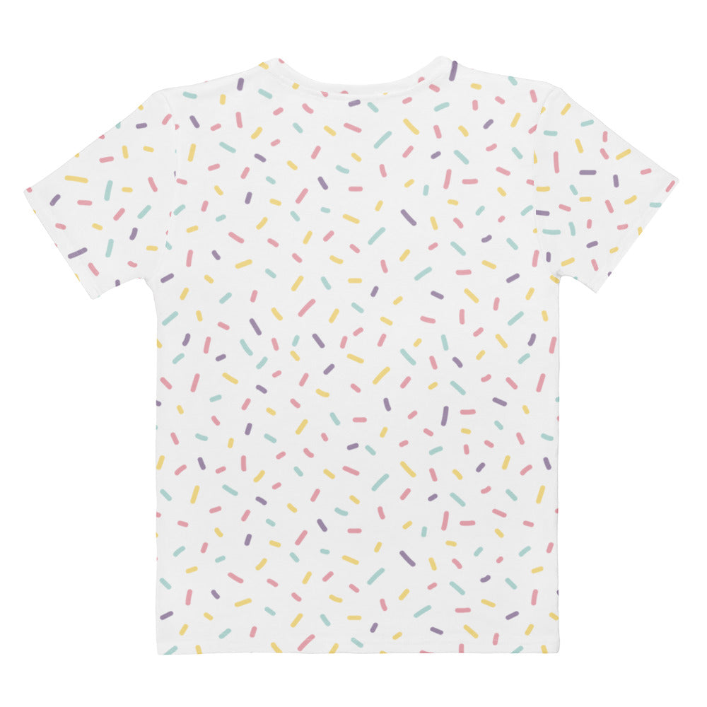 White short-sleeved cotton t-shirt with playful pastel sprinkles print soft stretch and pilling resistant for women