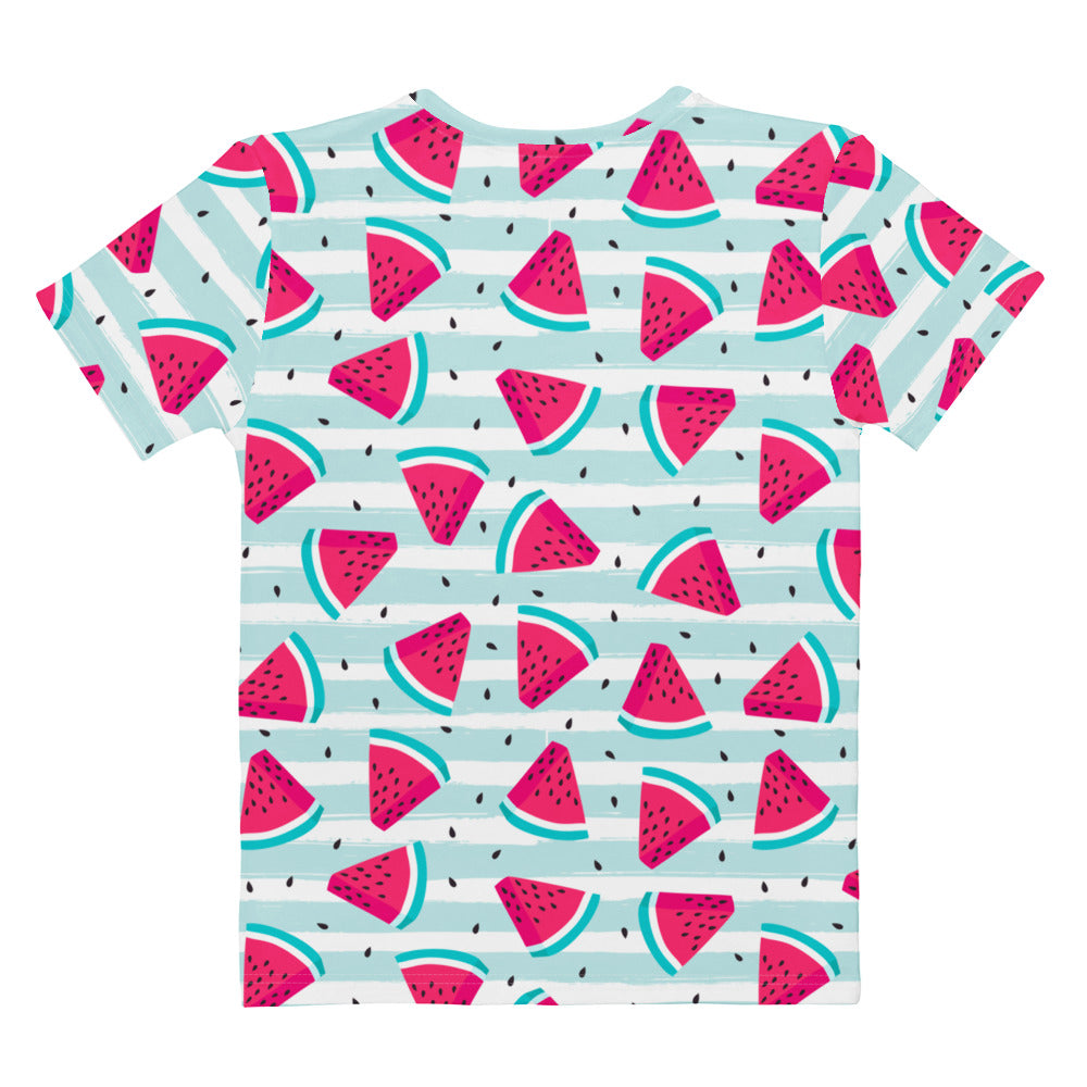 Women’s soft stretch cotton t-shirt featuring playful pink watermelon slices on green rinds over light blue stripes