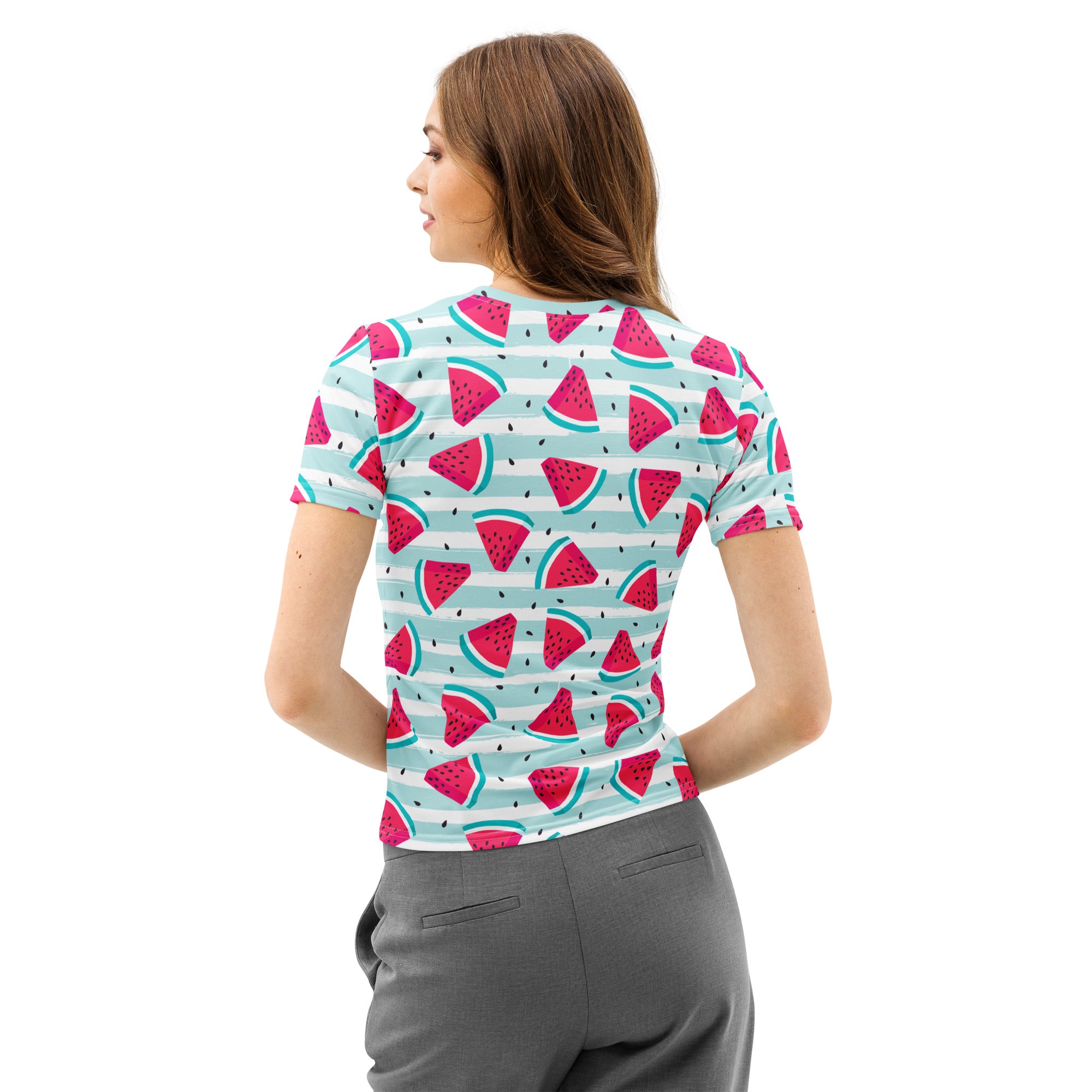 Women’s soft stretch cotton t-shirt with pink watermelon slices on light blue and white striped short sleeves