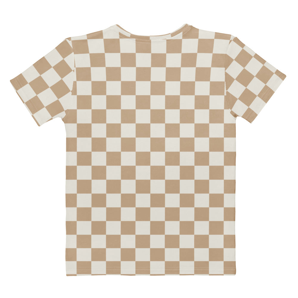 Women’s neutral checkerboard cotton t-shirt with soft stretch and pilling resistant beige and white pattern