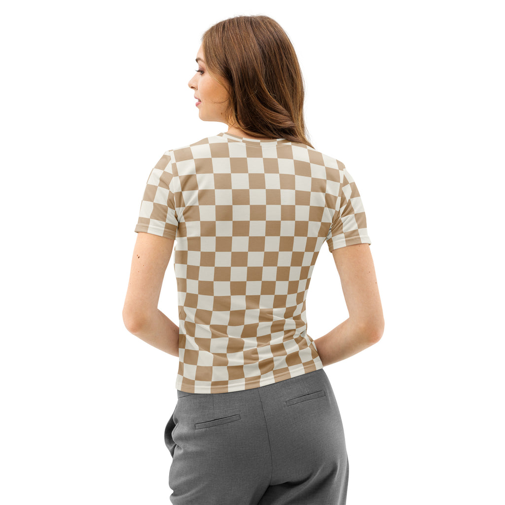 A fitted short-sleeved beige and white checkerboard cotton t-shirt with soft stretch and pilling resistance for women