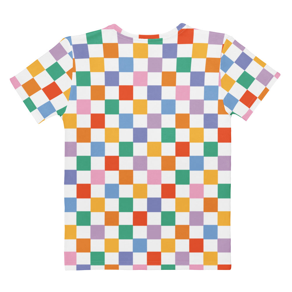 Women’s colorful checkerboard cotton t-shirt with vibrant multicolored squares soft stretch pilling resistant tee