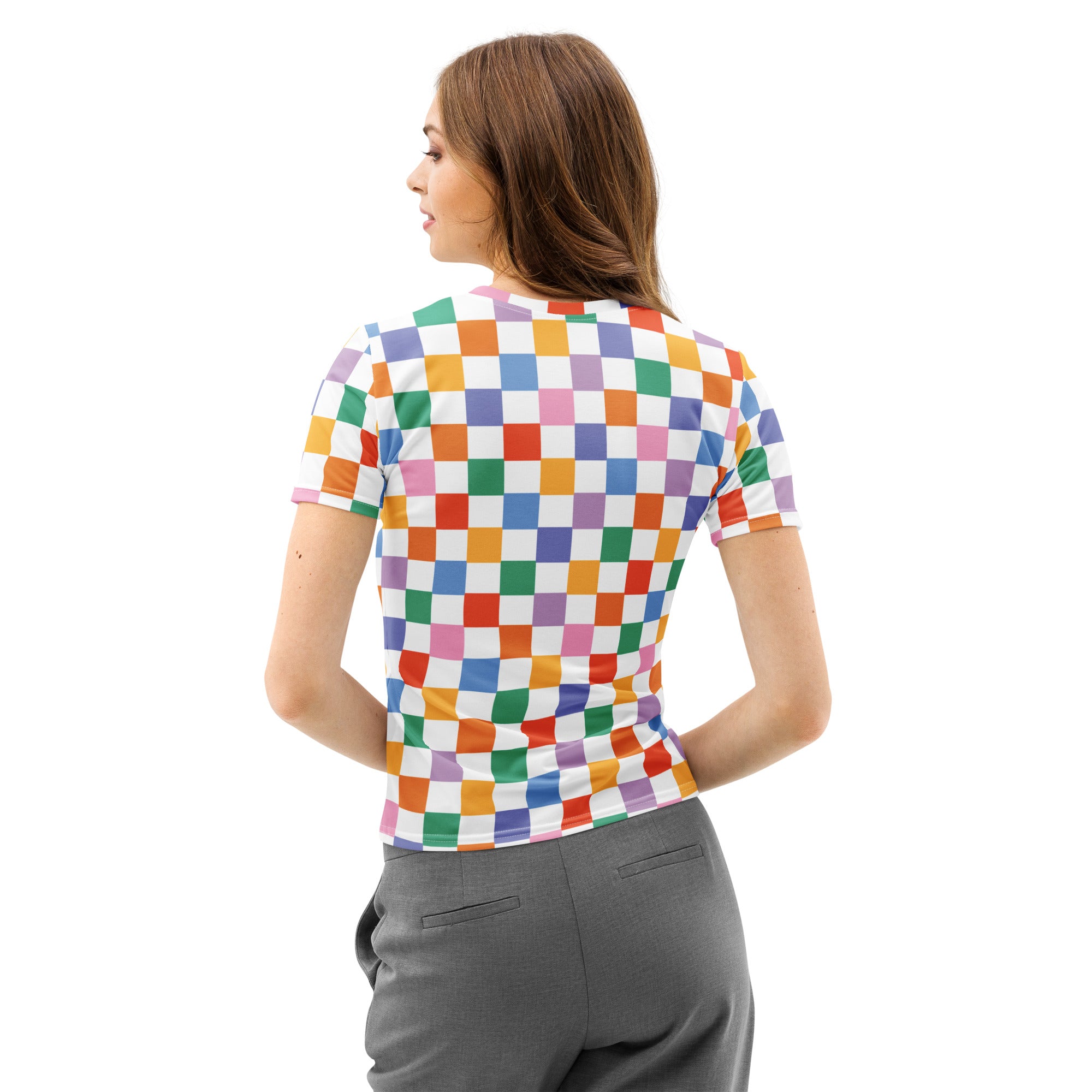 Women’s colorful checkerboard cotton t-shirt with vibrant rainbow checkered pattern soft stretch pilling resistant tee