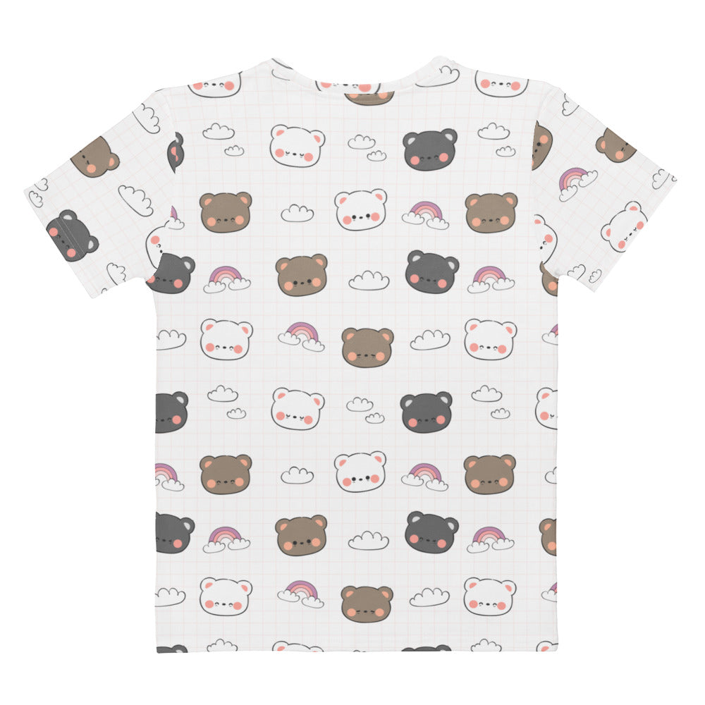 White short-sleeved cotton t-shirt with a playful all-over cute bear print in brown and gray with rainbows and clouds