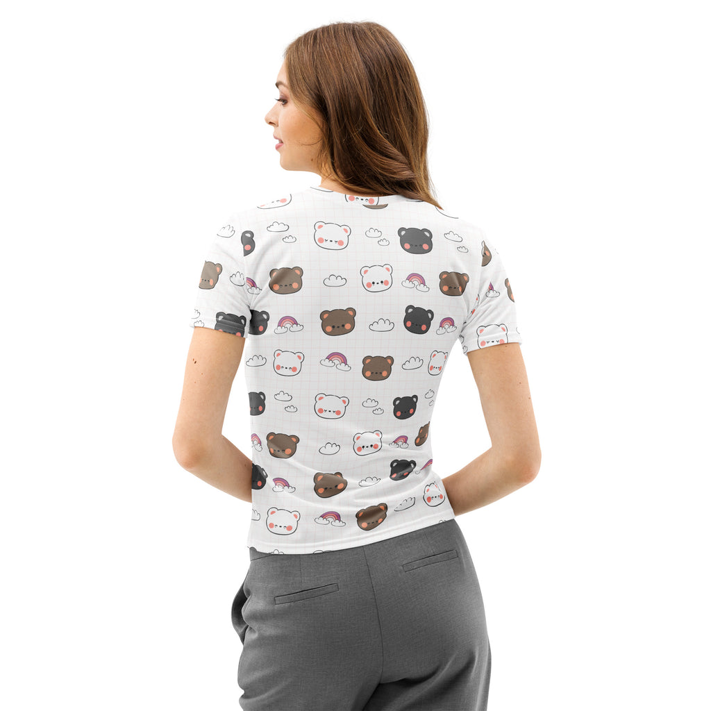 White women’s cotton t-shirt with short sleeves featuring colorful cartoon bear print with rainbows and clouds