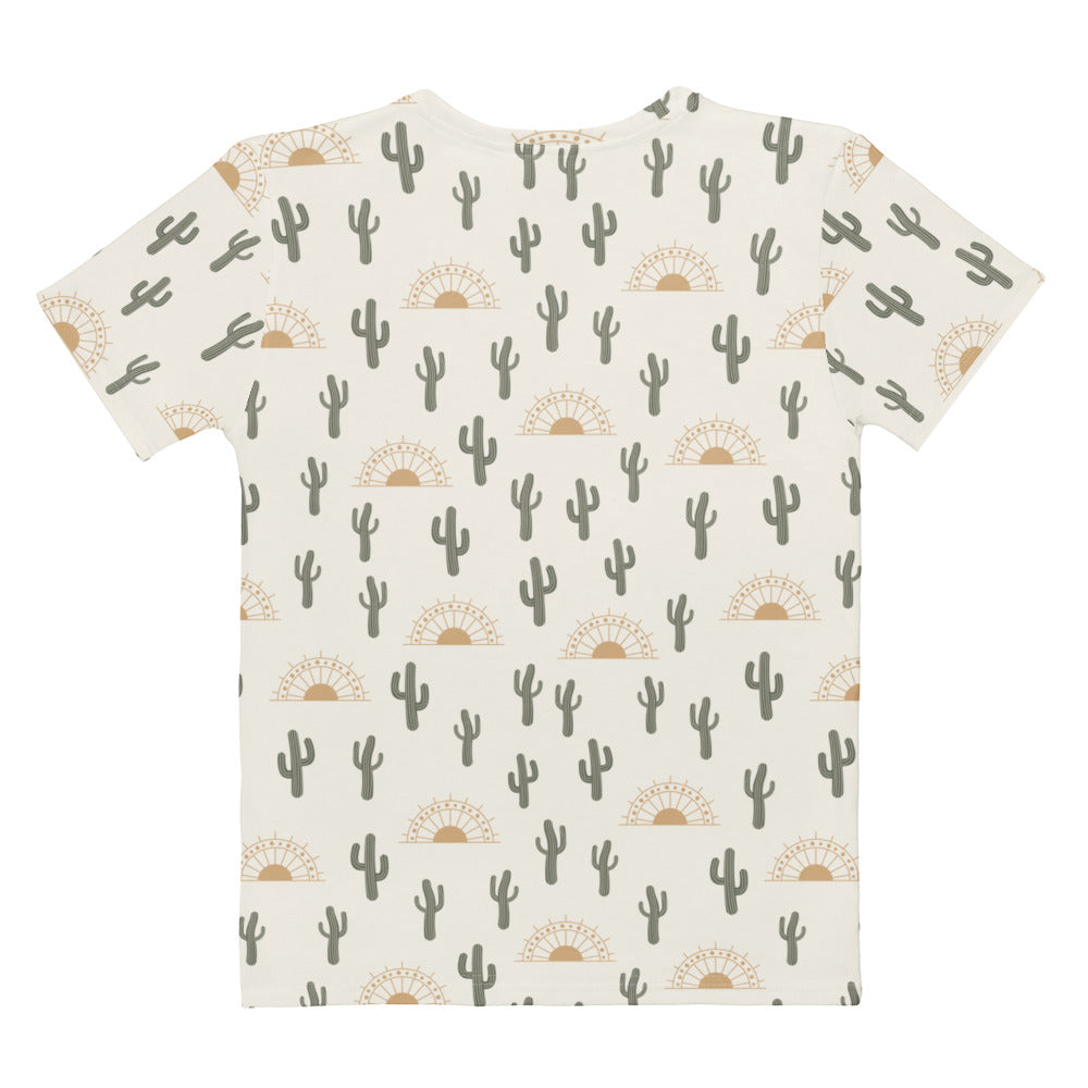 A cream-colored women’s cactus desert cotton t-shirt with a soft stretch fabric and gray cactus sunburst pattern