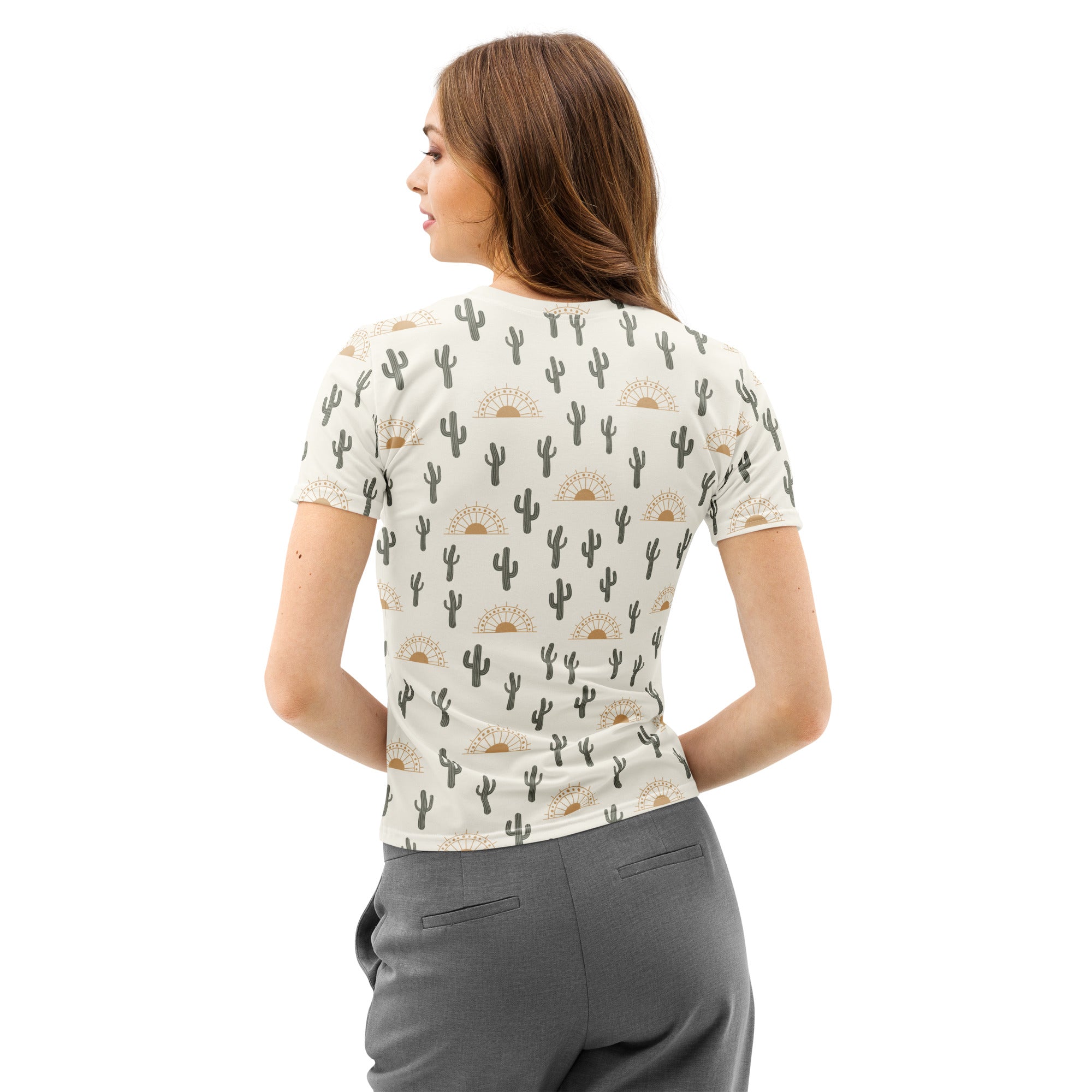 A cream cotton women’s cactus desert t-shirt with soft stretch featuring black cacti and gold sunburst patterns