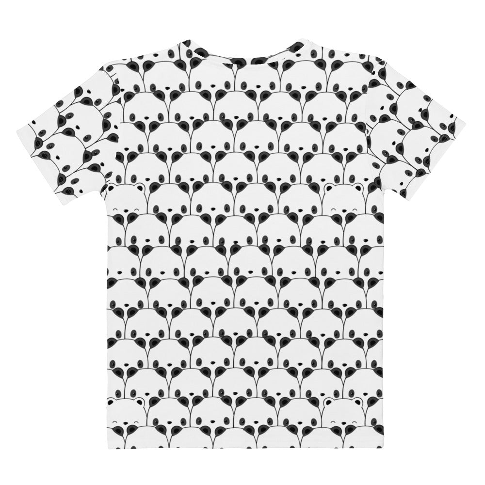 White cotton women’s t-shirt with soft stretch featuring a black and white all-over stylized panda face print
