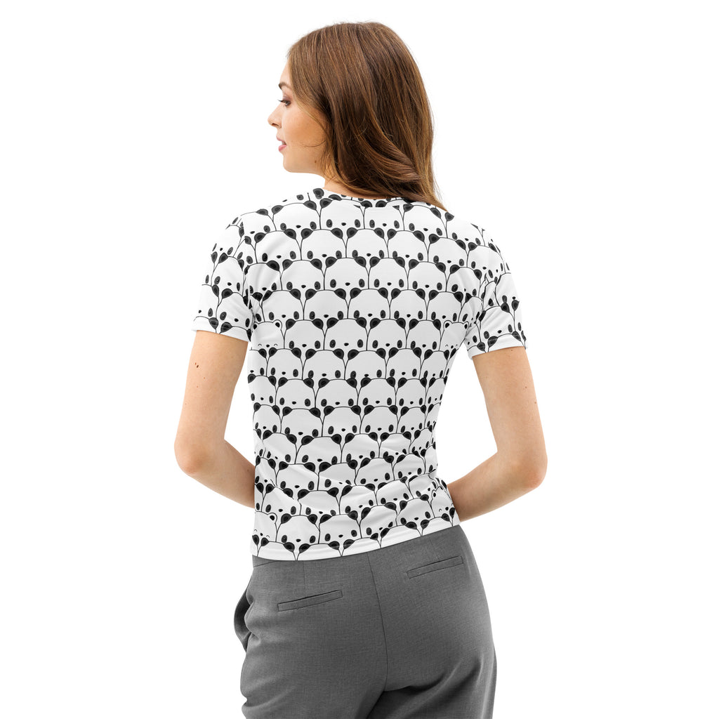 Women’s white short-sleeved cotton t-shirt with a soft stretch and black panda face pattern, pilling resistant tee