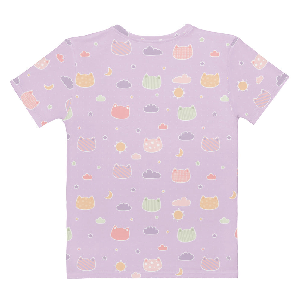 Women’s pastel purple cotton t-shirt with soft stretch featuring playful pastel kawaii cats clouds and celestial print