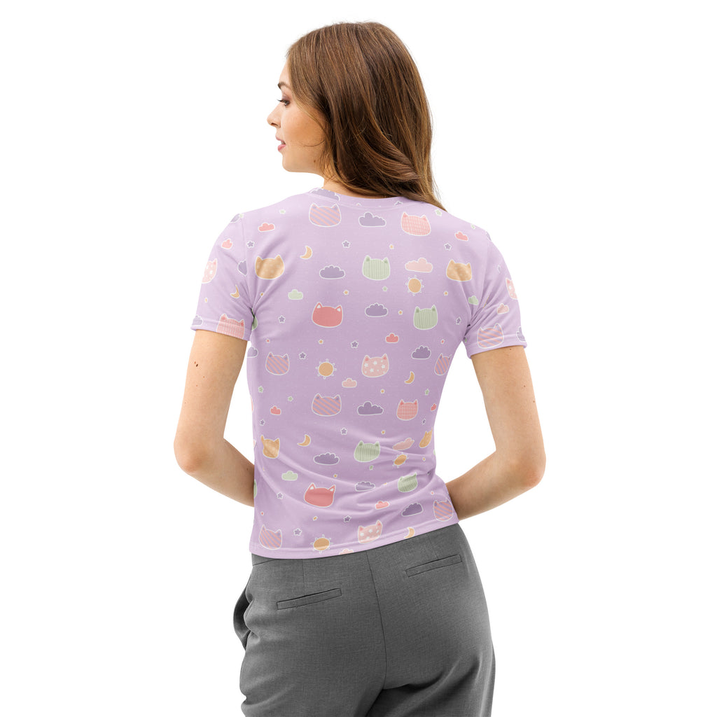 Women’s pastel purple cotton t-shirt with short sleeves featuring a playful pattern of kawaii cats clouds and moons