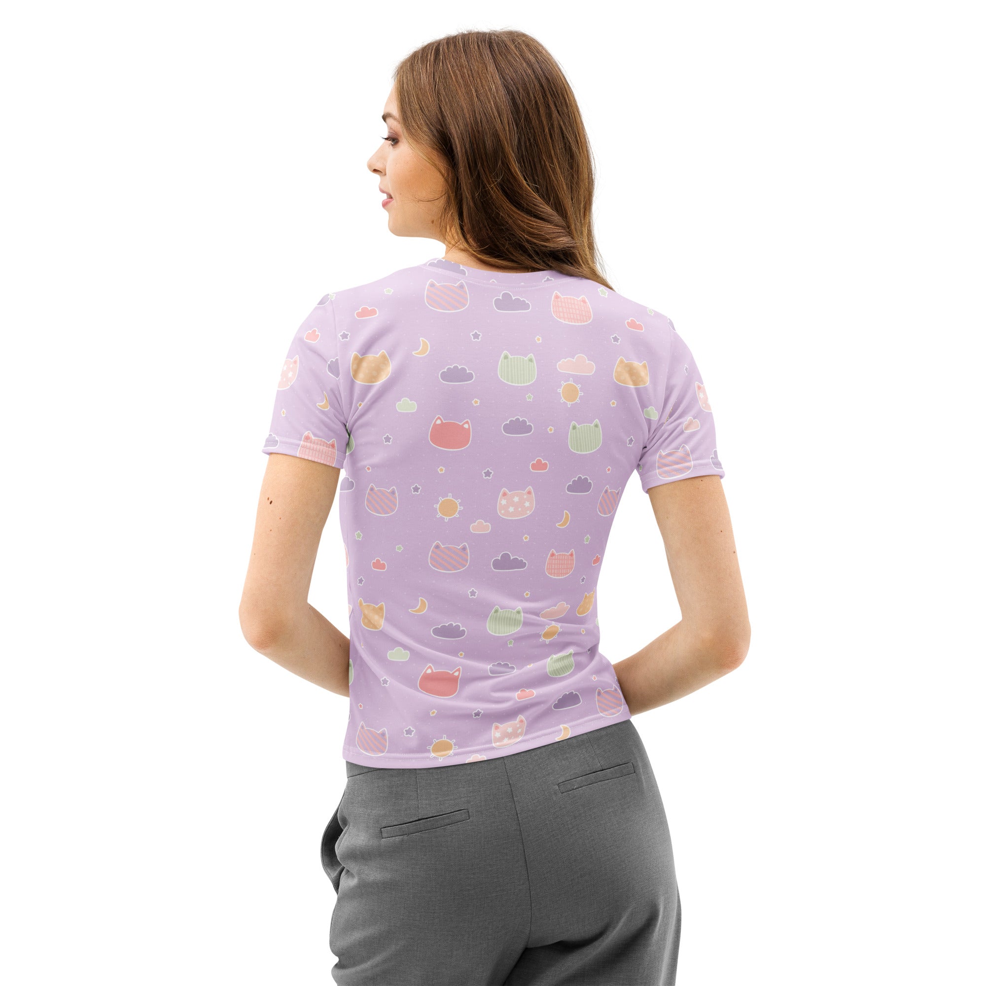 Women’s pastel purple cotton t-shirt with short sleeves featuring a playful pattern of kawaii cats clouds and moons