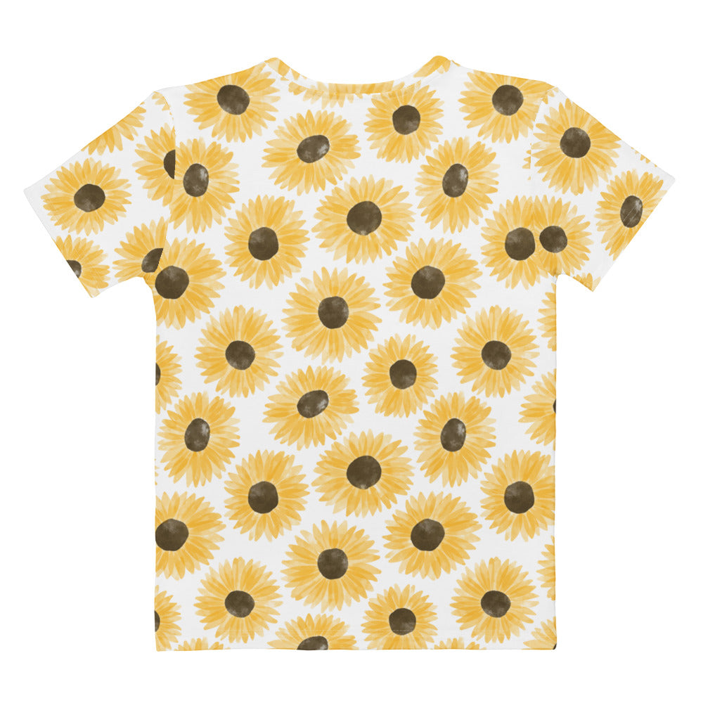 White cotton women’s t-shirt with soft stretch featuring a repeating pattern of yellow sunflowers with dark centers