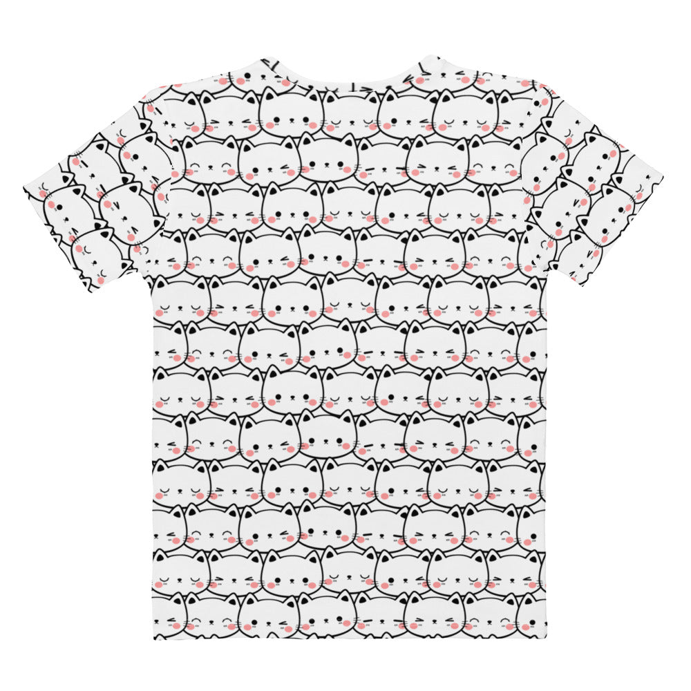 White women’s cotton t-shirt with soft stretch and playful black outlined cartoon cat print with pink blush cheeks