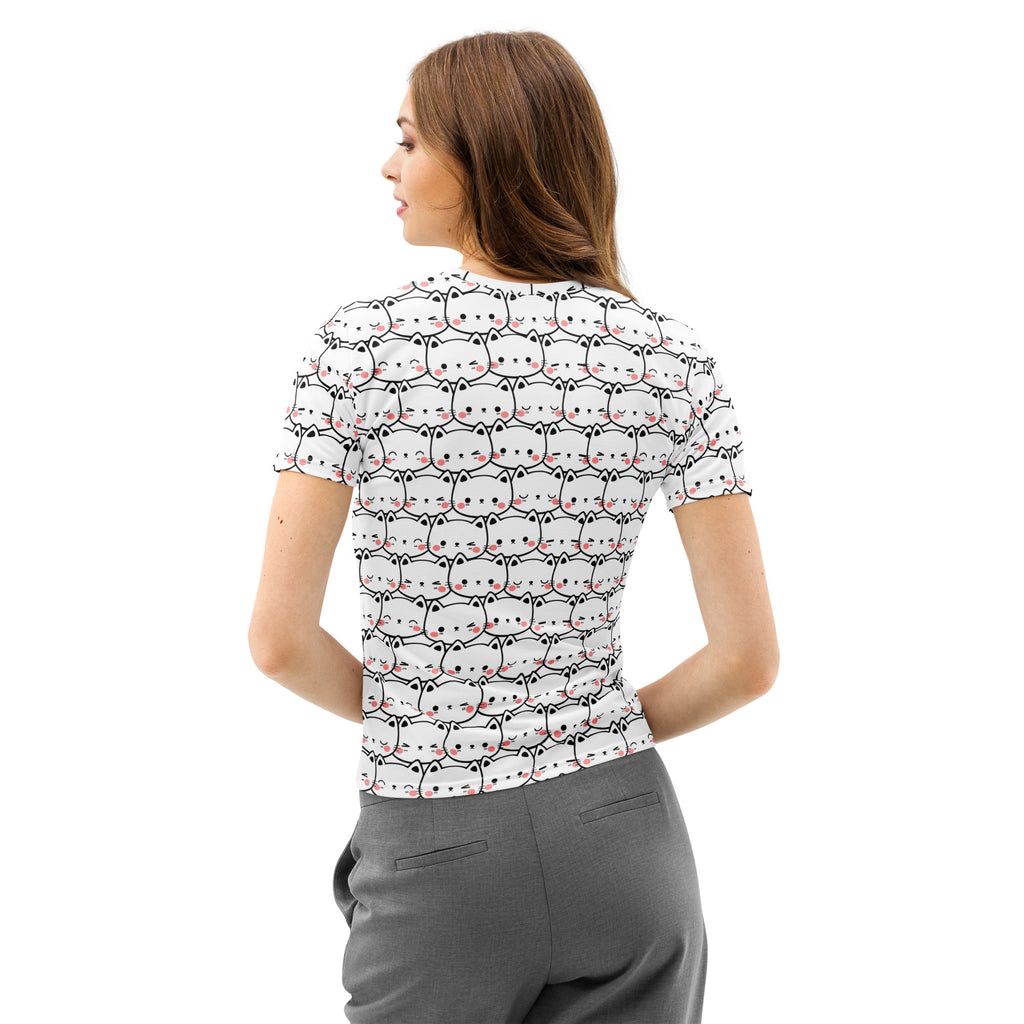 White cotton women’s short-sleeved t-shirt with cute cat print featuring black outlines and pink accents