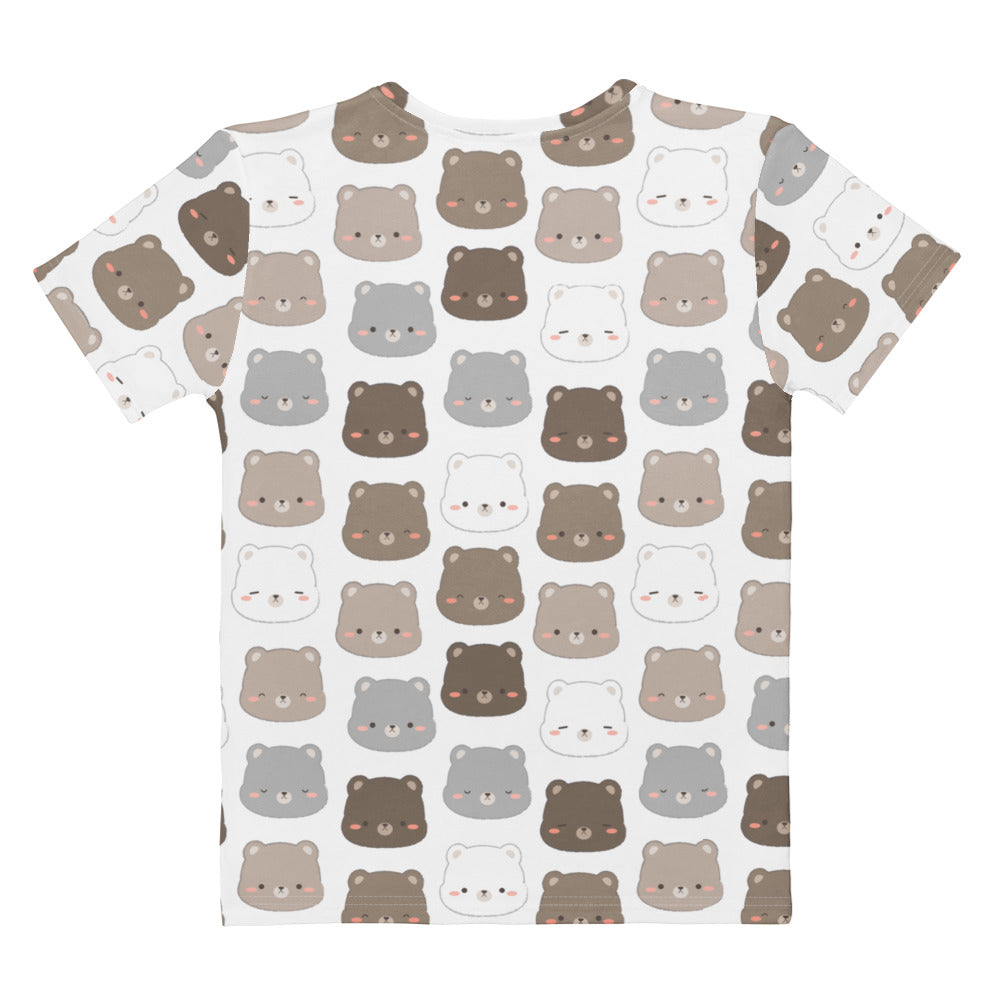 Women’s white cotton short-sleeved t-shirt with a soft stretch cute bear print in brown and gray shades
