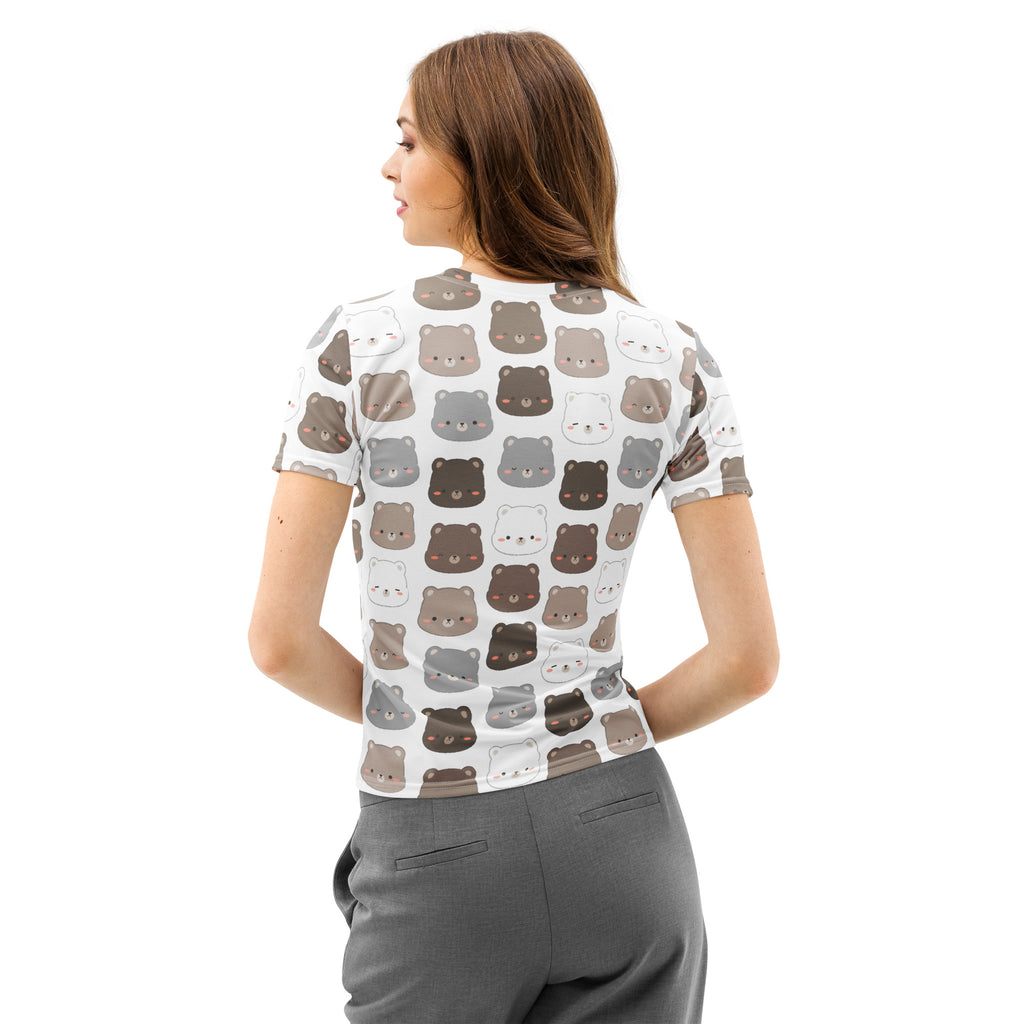 White short-sleeved cotton t-shirt with a playful cartoon bear print in brown gray and white colors, soft stretch fabric