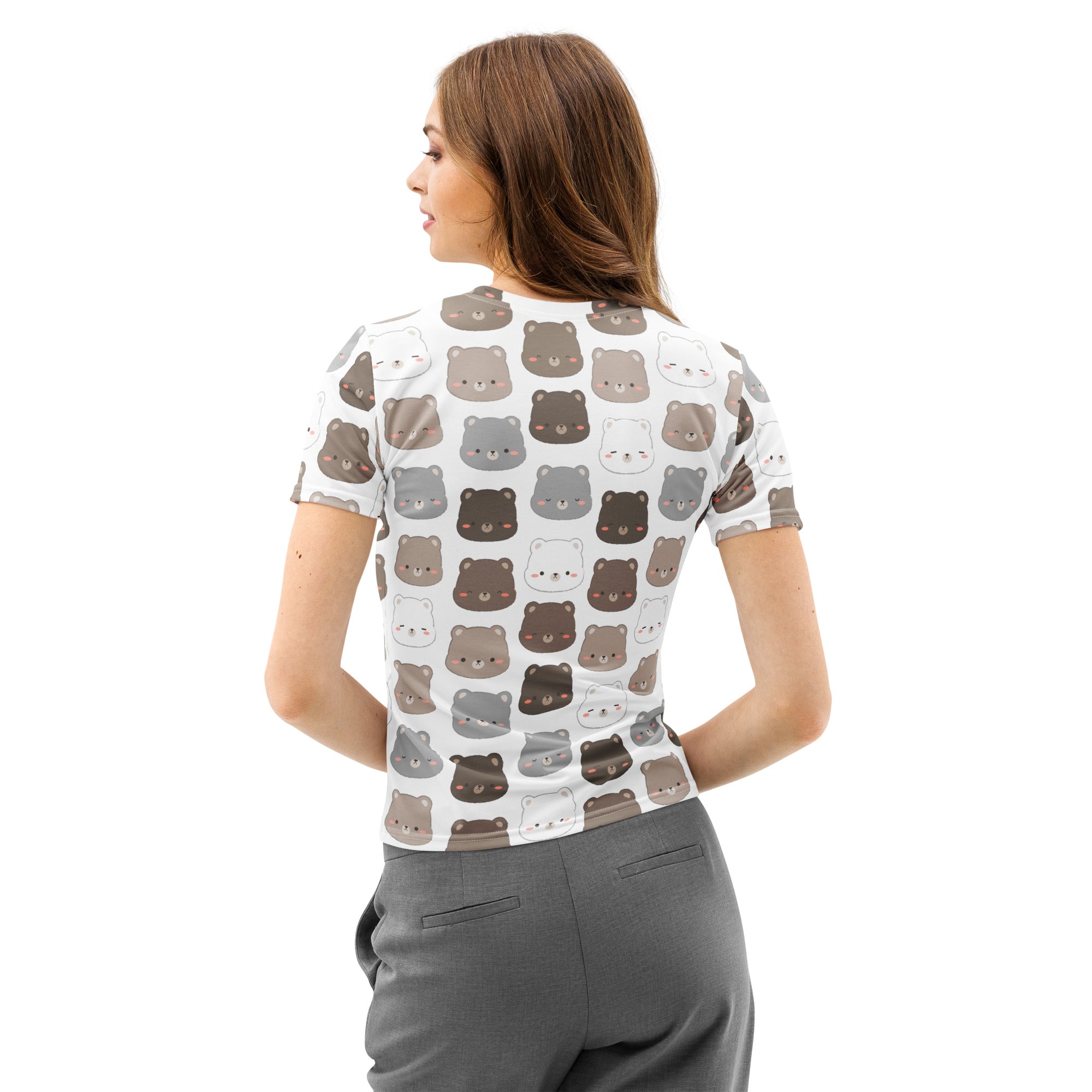 White short-sleeved cotton t-shirt with a playful cartoon bear print in brown gray and white colors, soft stretch fabric