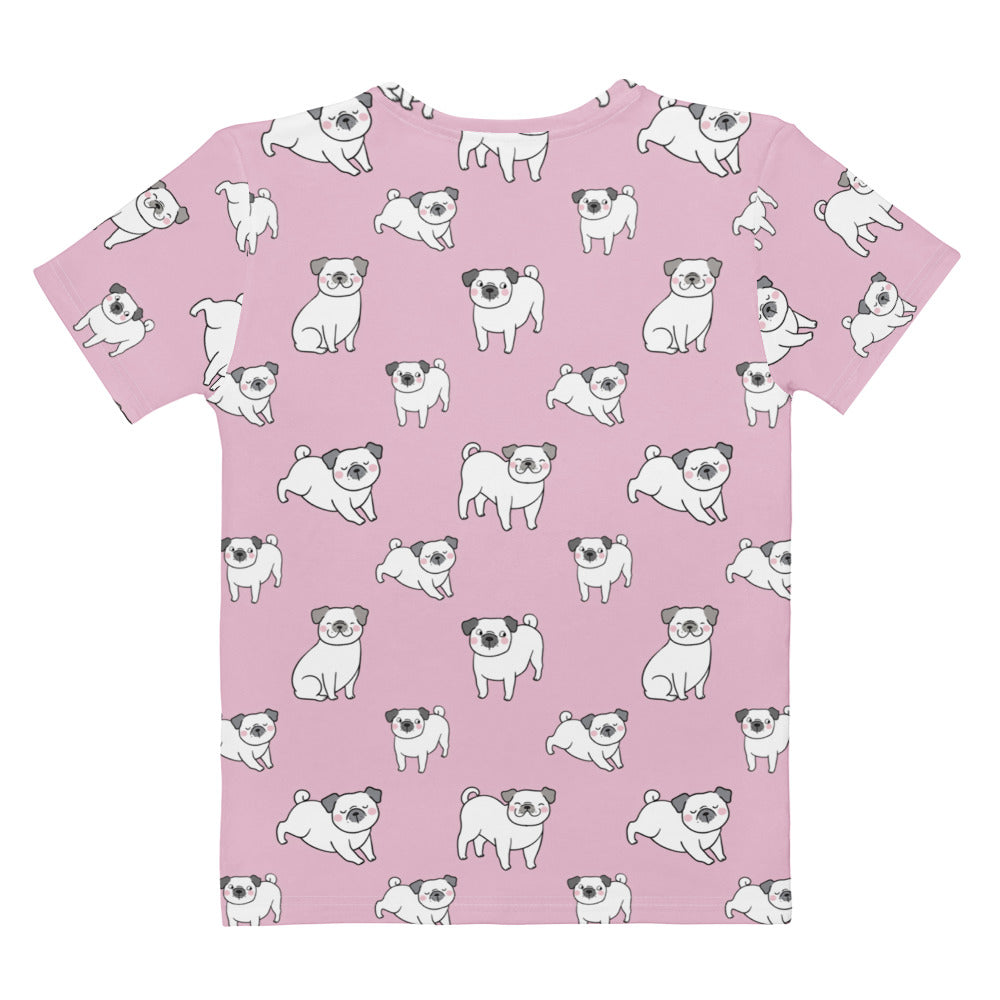 Women’s pink cotton t-shirt with soft stretch featuring a playful all-over print of white and gray cartoon pugs