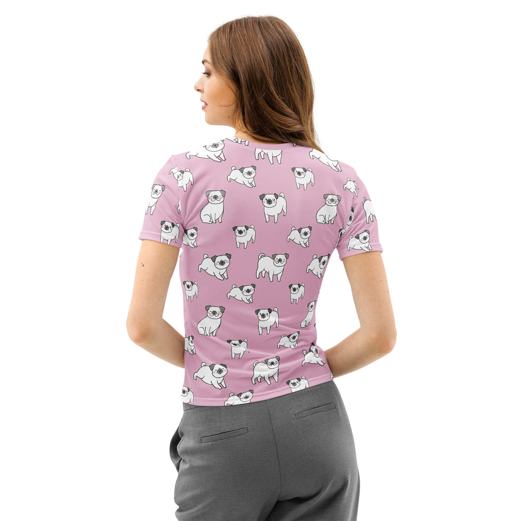 Women’s pink cotton t-shirt with soft stretch and pilling resistant fabric featuring a cartoon pug pattern