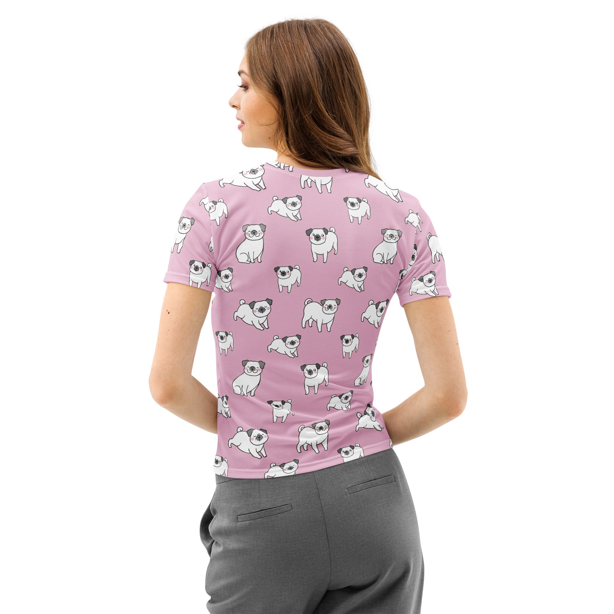 Women’s pink cotton t-shirt with soft stretch and pilling resistant fabric featuring a cartoon pug pattern