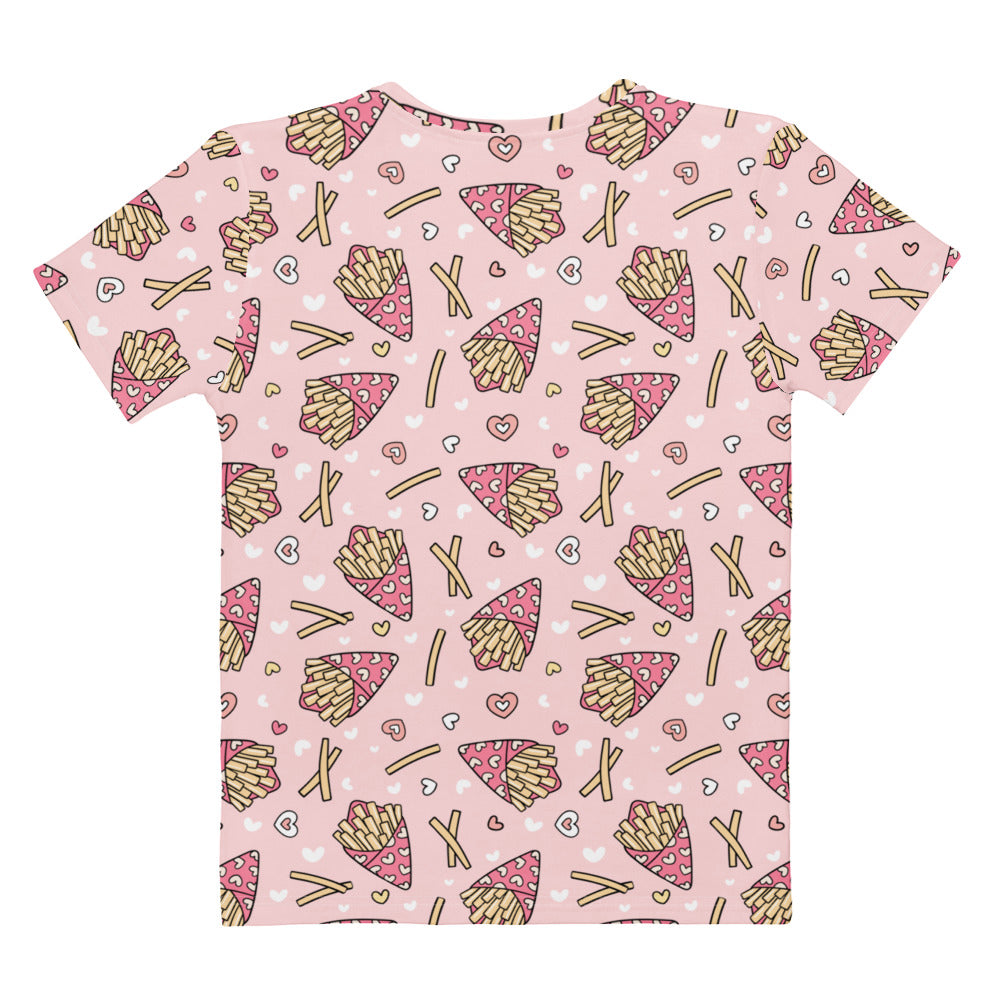 Women’s pink cotton t-shirt with soft stretch featuring playful all-over cartoon french fries and heart print