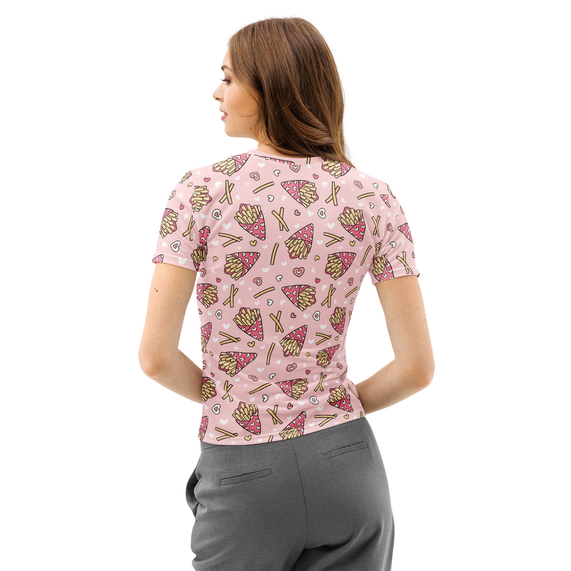 Women’s pink cotton t-shirt with soft stretch featuring a playful french fries and hearts pattern