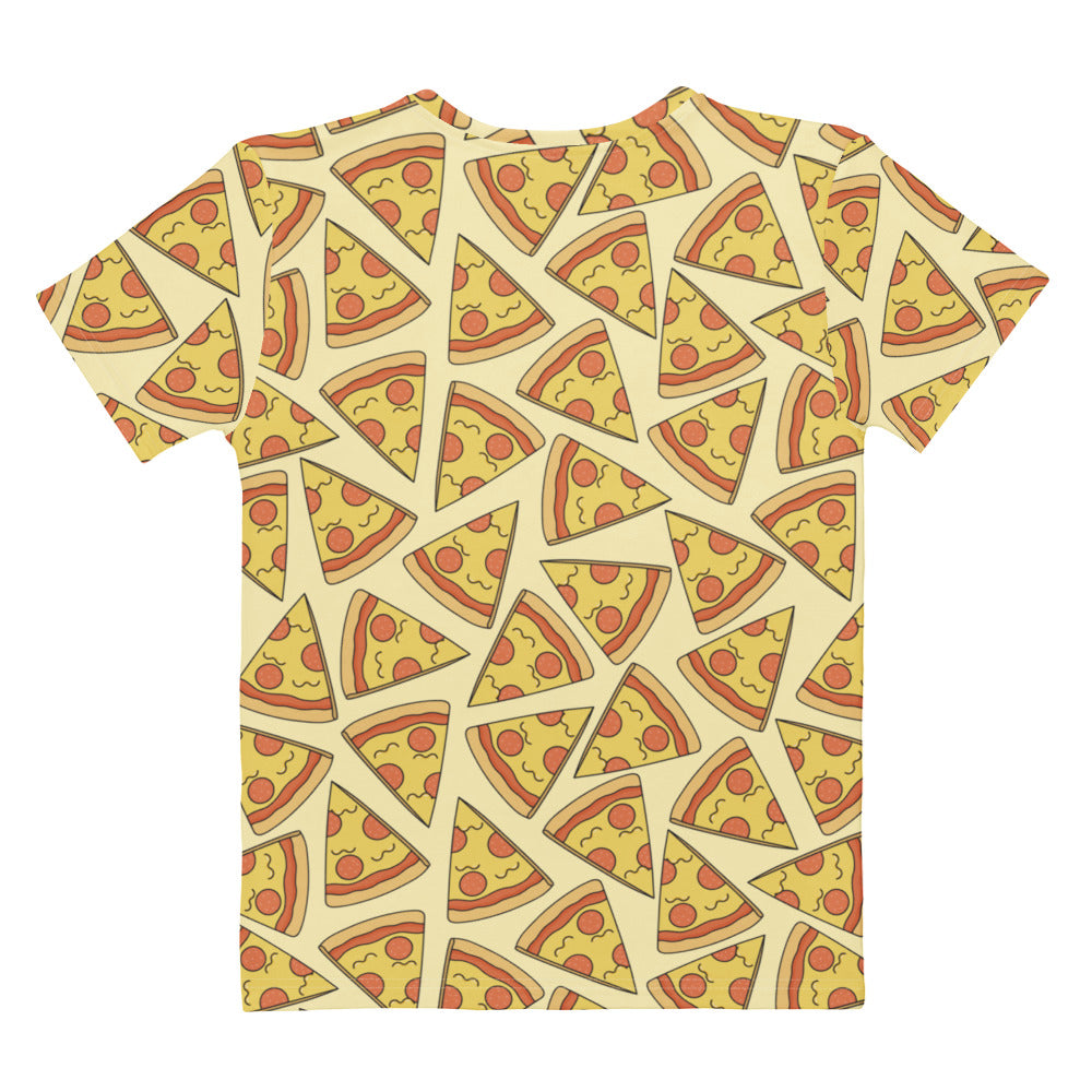 Women’s soft stretch cotton t-shirt with playful yellow and red cartoon pizza slice print on light cream background