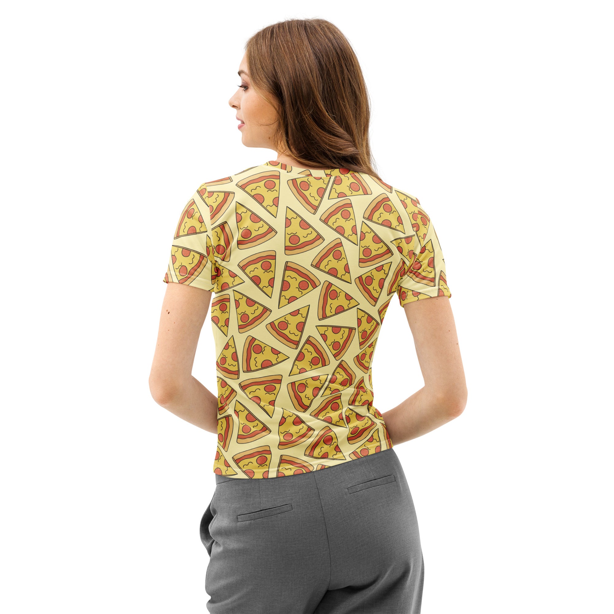 Yellow women’s short-sleeved cotton t-shirt with playful all-over pizza slice print soft stretch pilling resistant