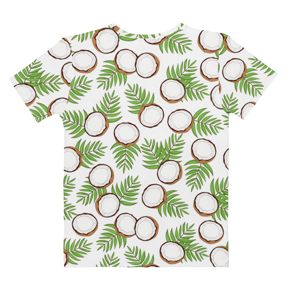 White cotton women’s t-shirt with soft stretch pilling resistant fabric featuring coconuts and palm leaf pattern