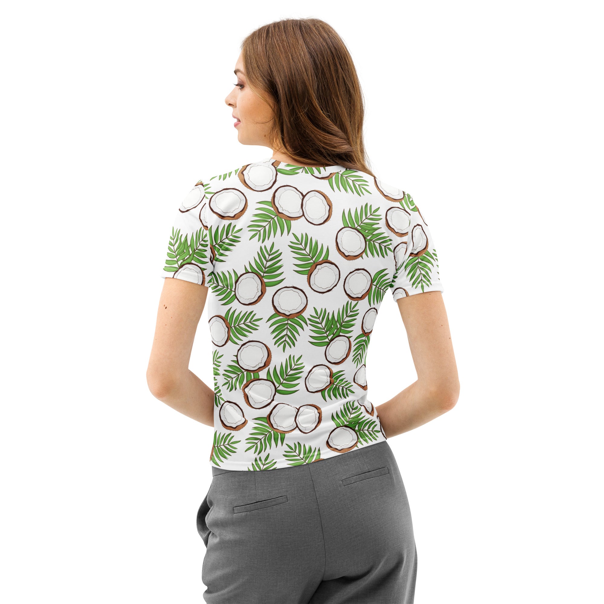 White short-sleeved cotton t-shirt with tropical green palm leaf and brown-and-white coconut pattern, soft stretch pilling resistant