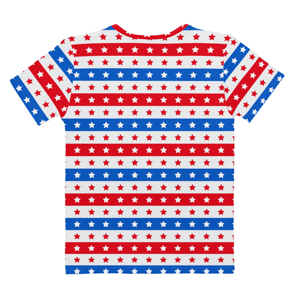 Women’s usa stripes and stars cotton t-shirt with red white and blue stripes and star print soft stretch pilling resistant