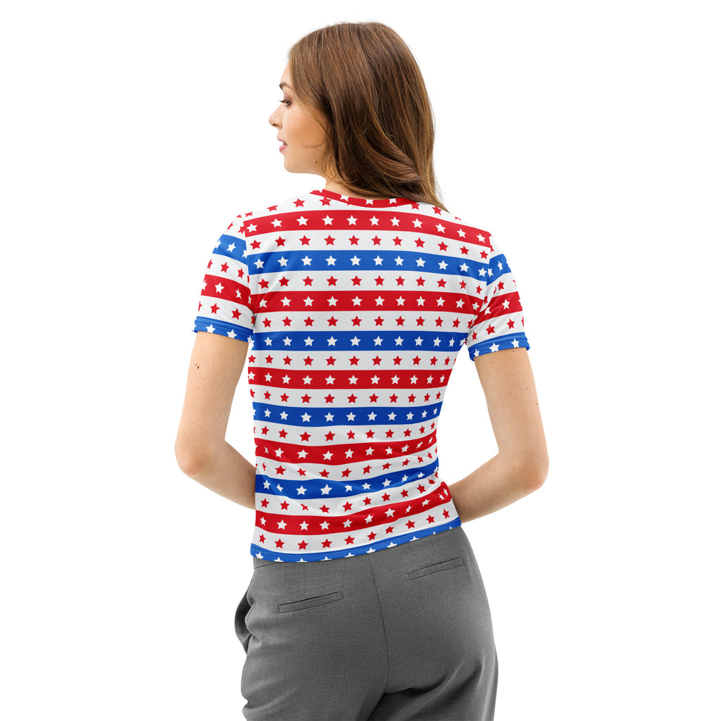 Women’s usa stripes and stars cotton t-shirt with soft stretch fabric featuring red white and blue horizontal stripes and stars