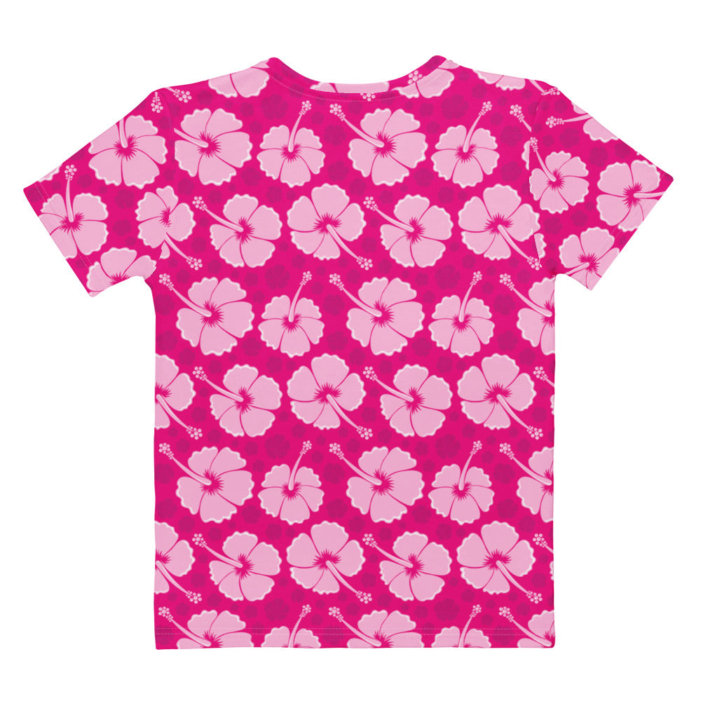 Women’s pink cotton t-shirt with soft stretch and pilling resistant fabric featuring light pink hibiscus pattern