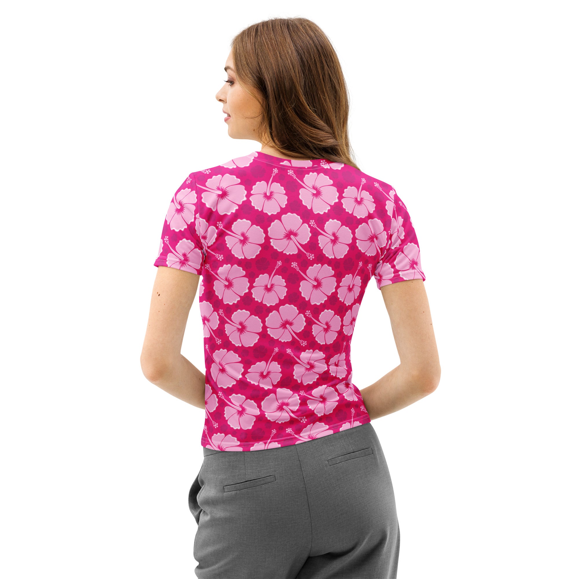 A vibrant pink cotton womens short-sleeved t-shirt with a soft stretch and light pink hibiscus flower pattern