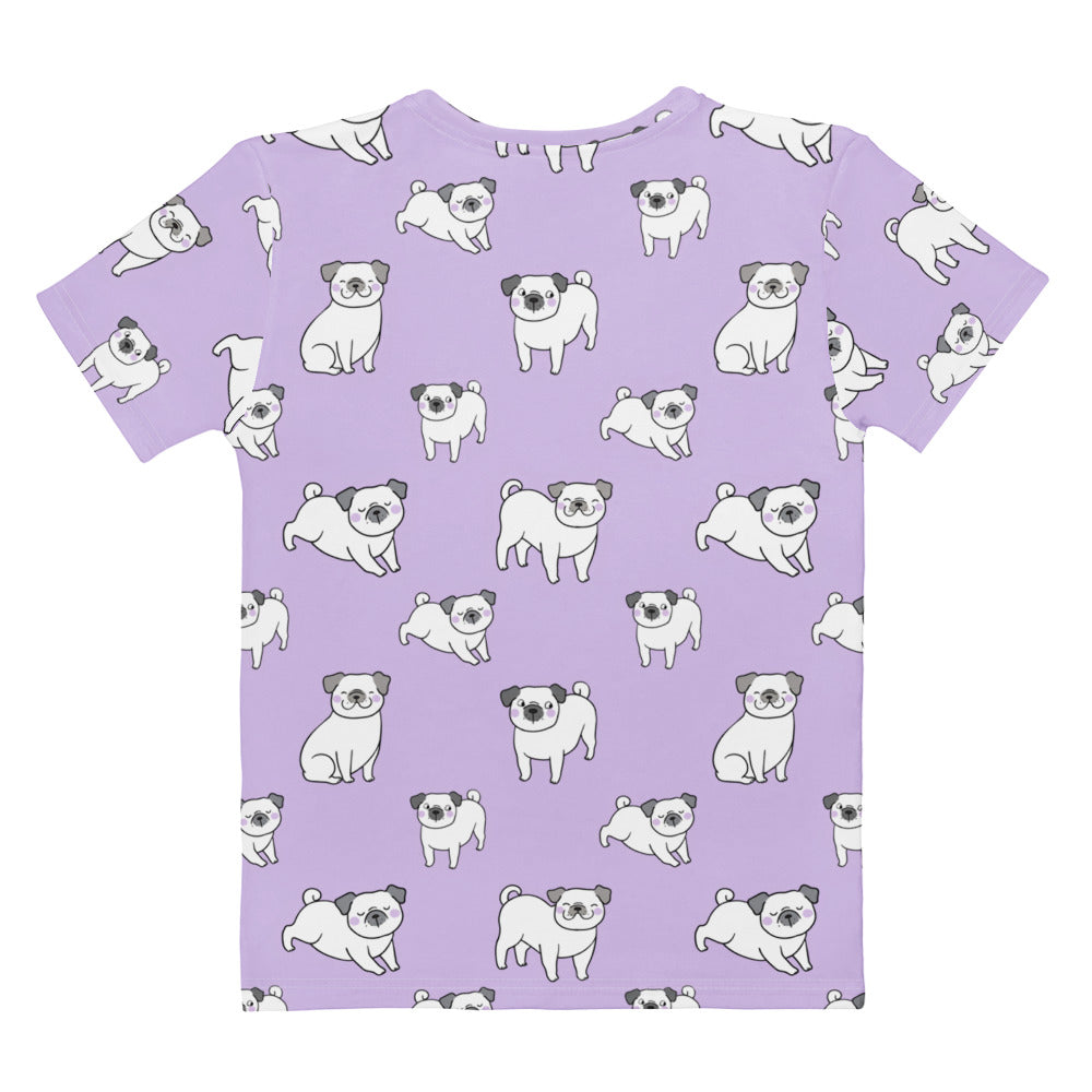 Women’s purple pug cotton t-shirt with soft stretch fabric featuring a repeating white pug dog pattern