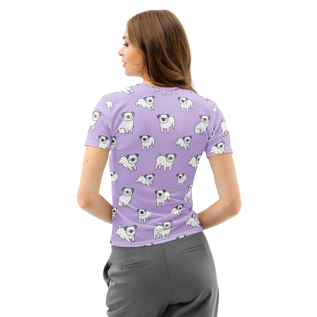 Women’s lavender cotton t-shirt with soft stretch featuring playful white and black pug print pilling resistant tee