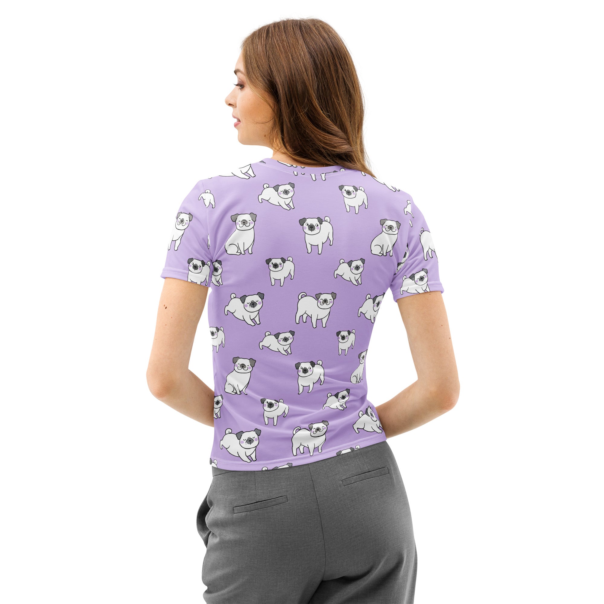 Women’s lavender cotton t-shirt with soft stretch featuring playful white and black pug print pilling resistant tee