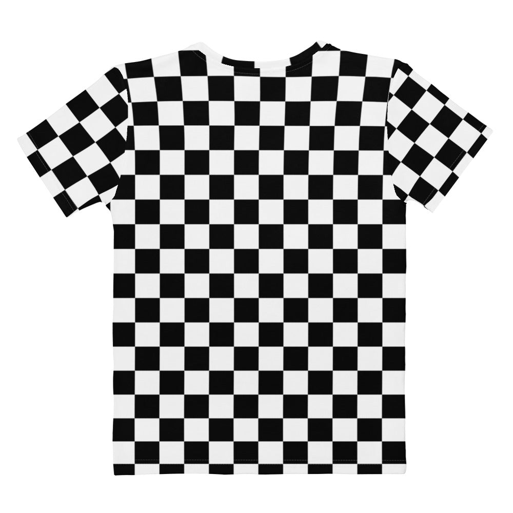 Women’s checkerboard cotton t-shirt featuring a black and white full-body checkered pattern and soft stretch fabric
