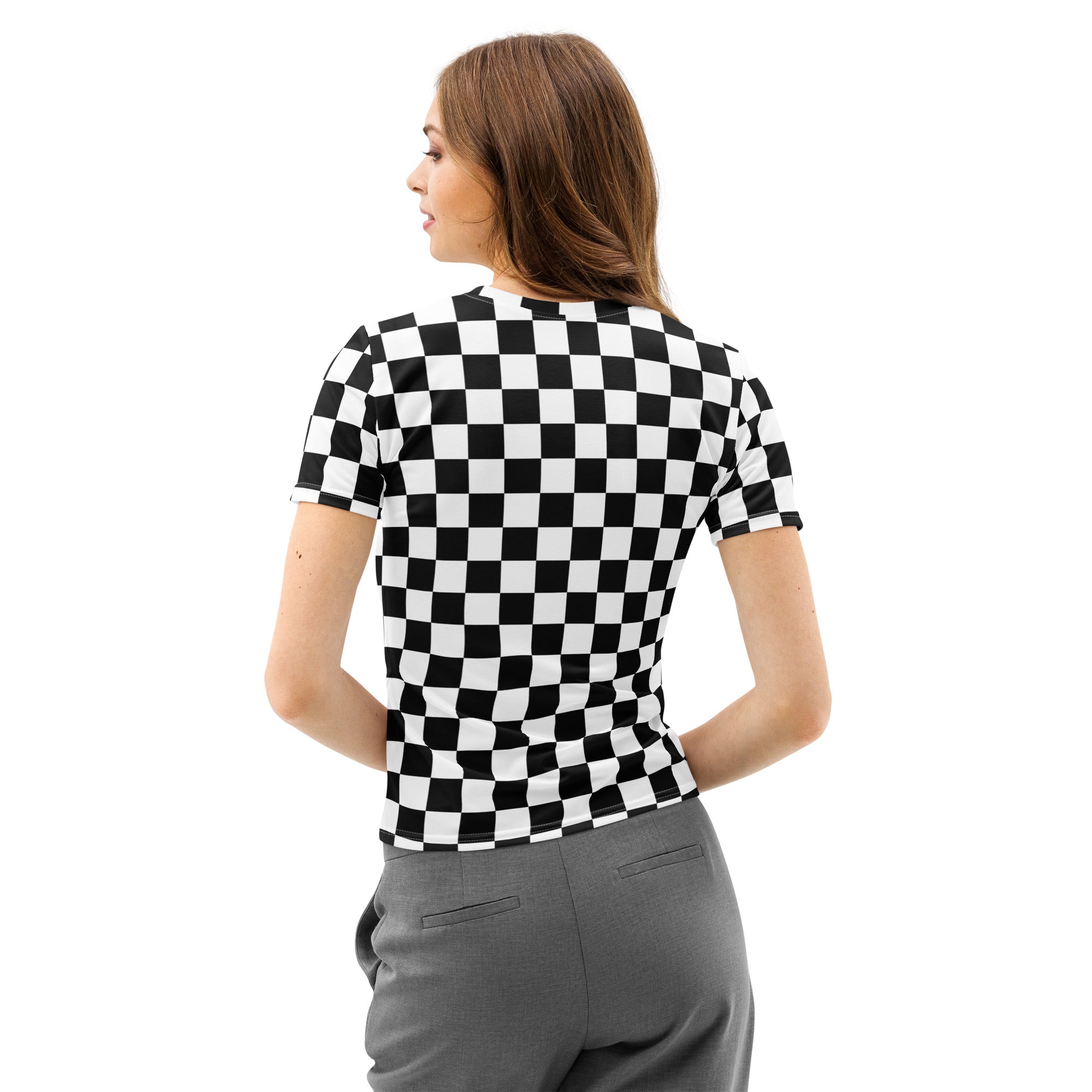 Women’s black and white checkered cotton short-sleeved t-shirt soft stretch pilling resistant tee front view