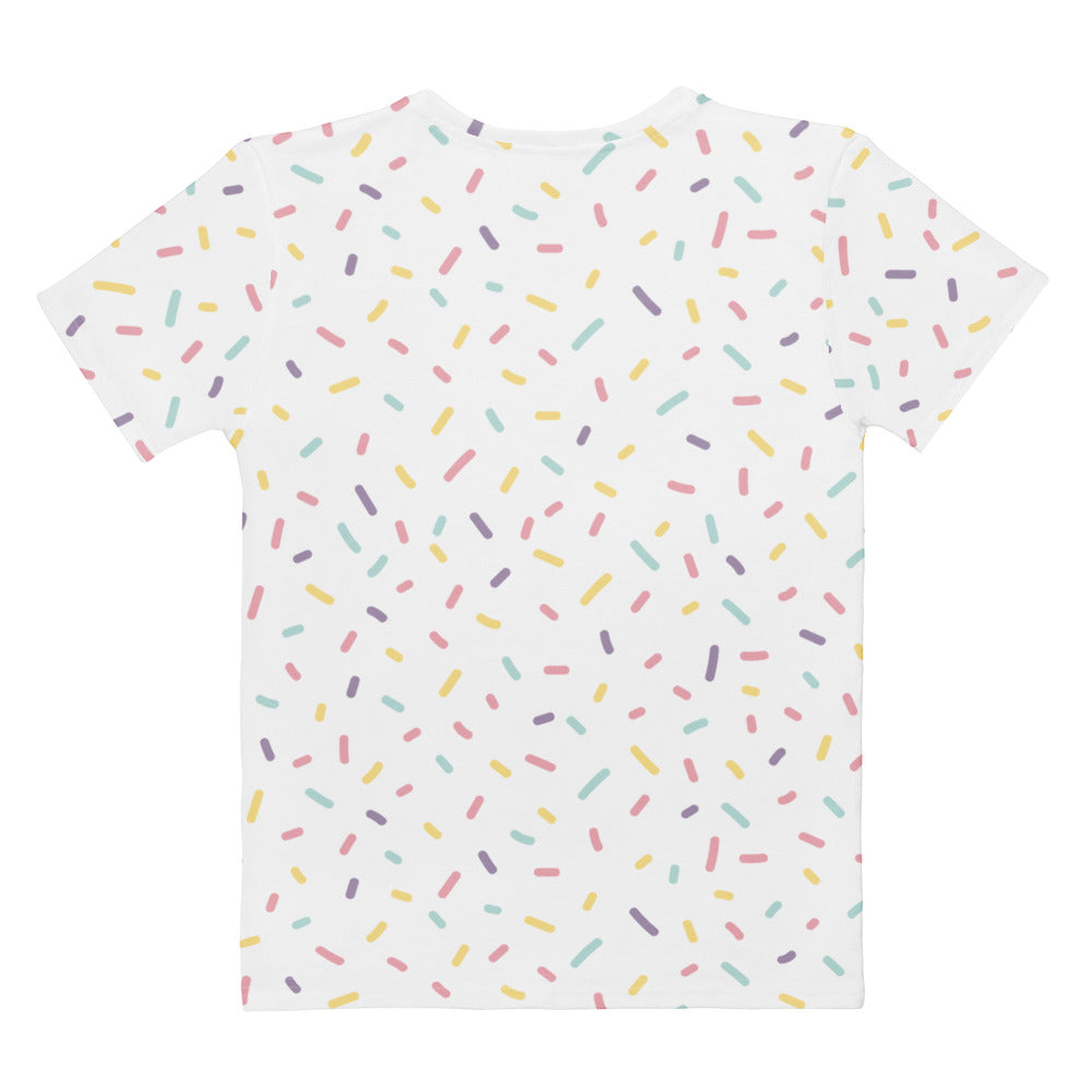 White short-sleeved cotton t-shirt with soft stretch and pastel sprinkle print in pink yellow mint green and gray