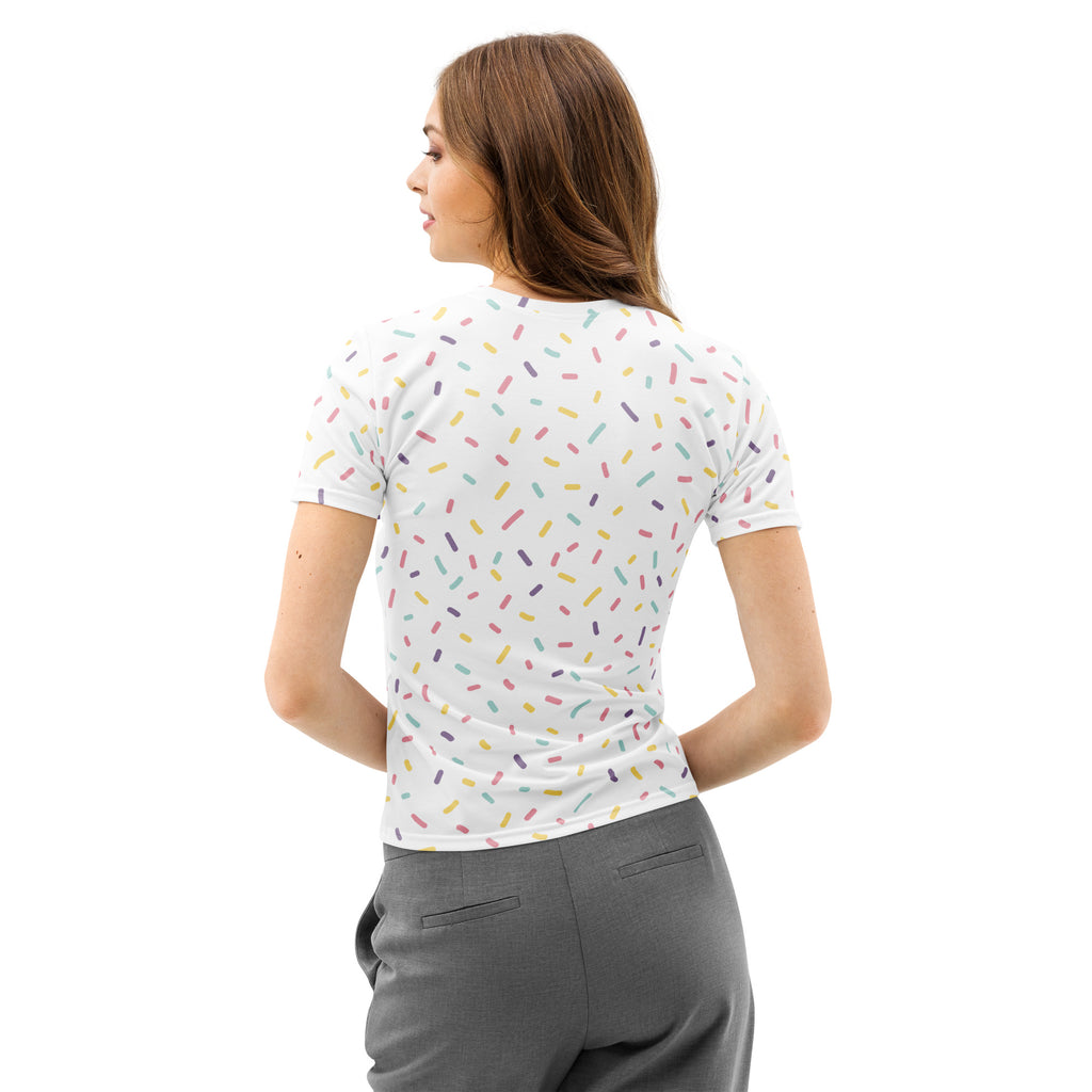 White short-sleeved cotton t-shirt with a playful multicolored sprinkle print soft stretch and pilling resistant