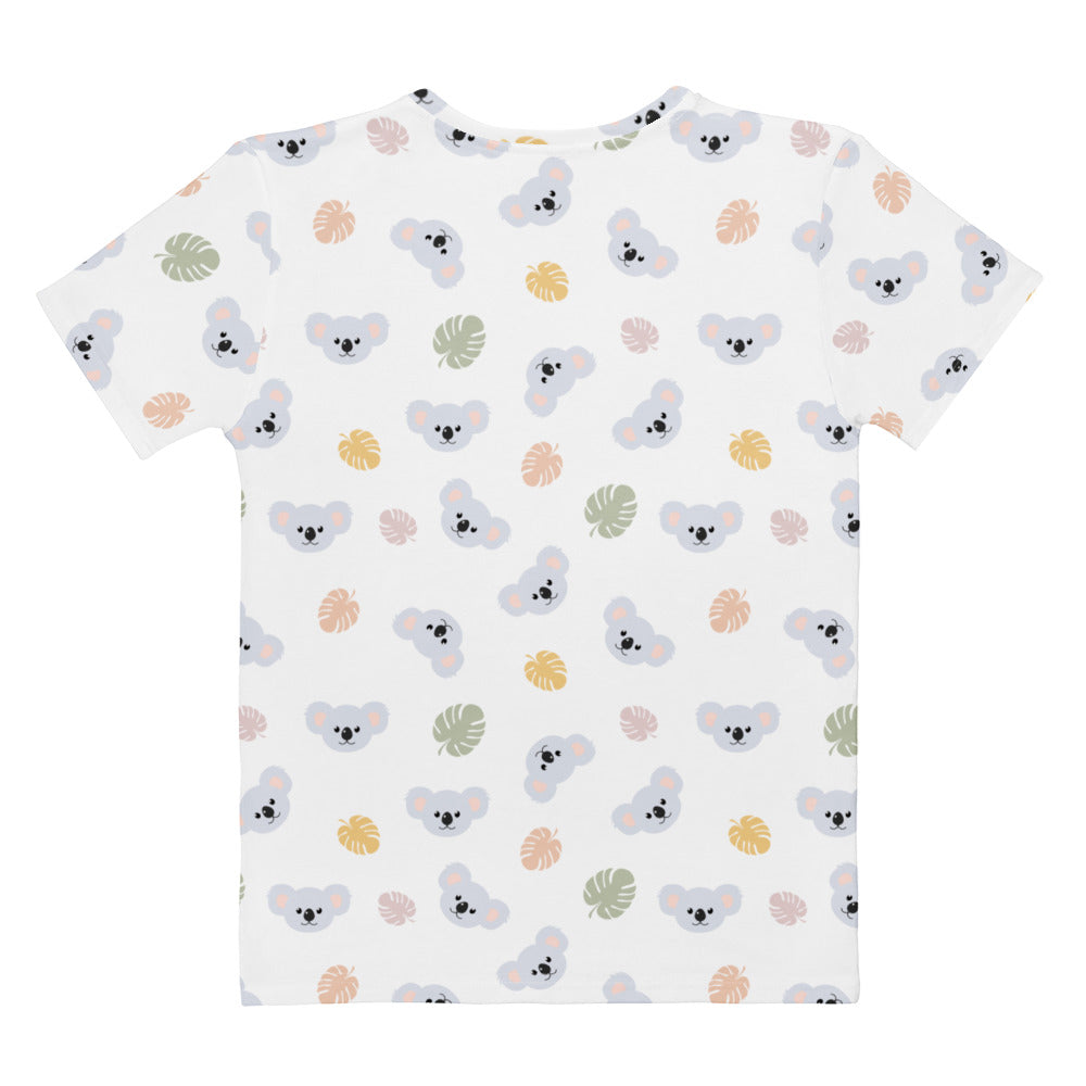 Women’s white short-sleeved cotton t-shirt with gray koalas and pastel tropical leaves print soft stretch pilling resistant tee