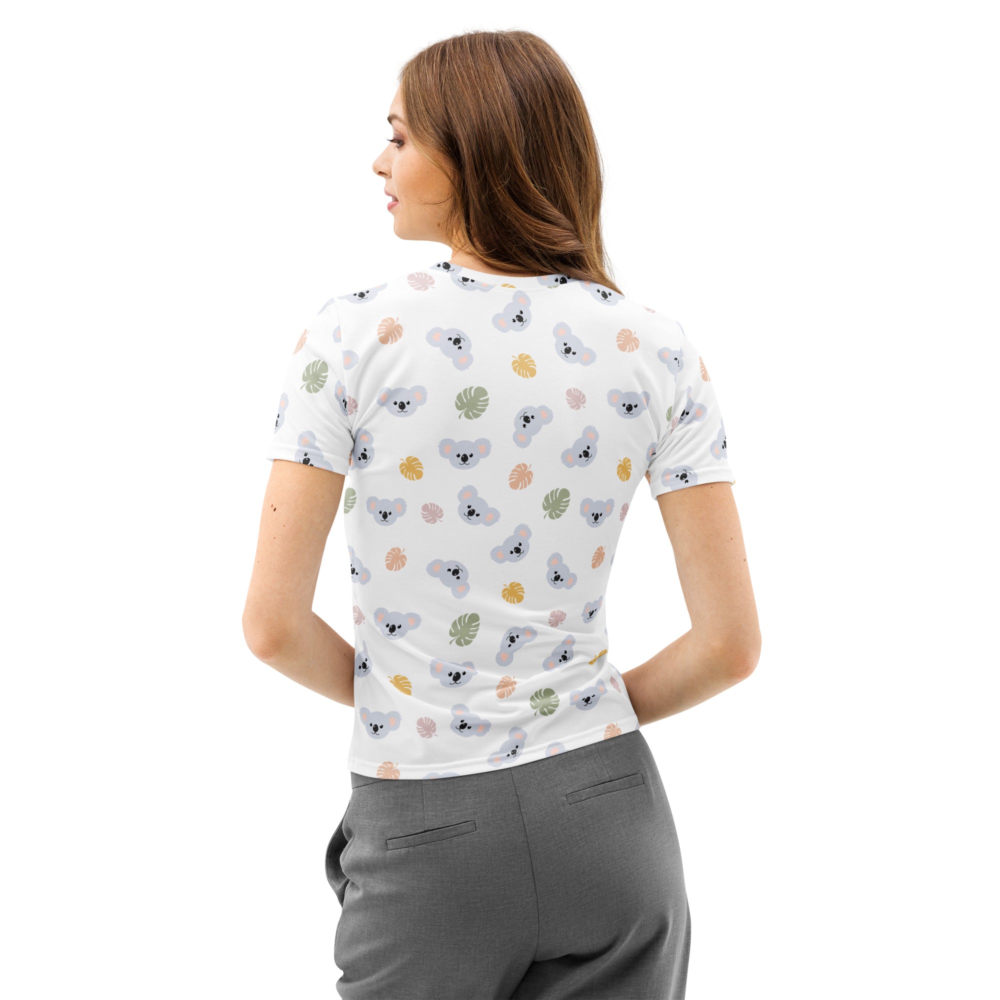 White short-sleeved cotton t-shirt with gray koala and colorful monstera leaf pattern soft stretch pilling resistant