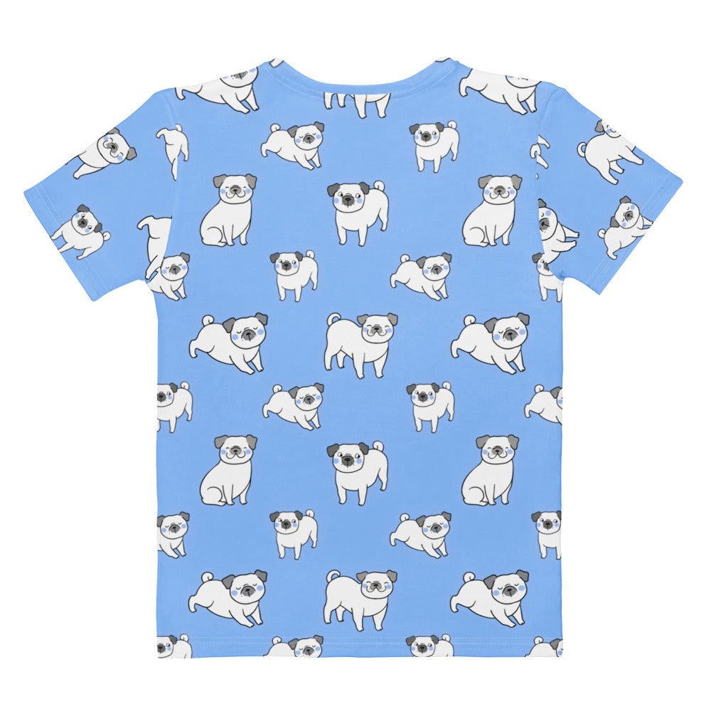 Women’s light blue cotton t-shirt with soft stretch and pilling resistant fabric featuring playful cartoon pug print