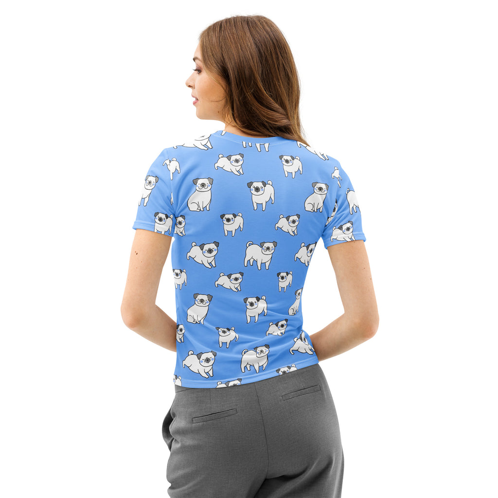 Women’s blue cotton short-sleeved t-shirt with soft stretch featuring a playful white pug dog pattern
