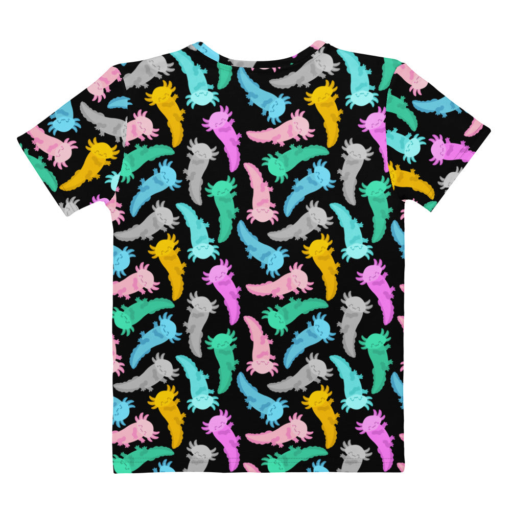Women’s black short-sleeved cotton t-shirt with vibrant pastel and neon cartoon axolotl all-over print soft stretch pilling resistant