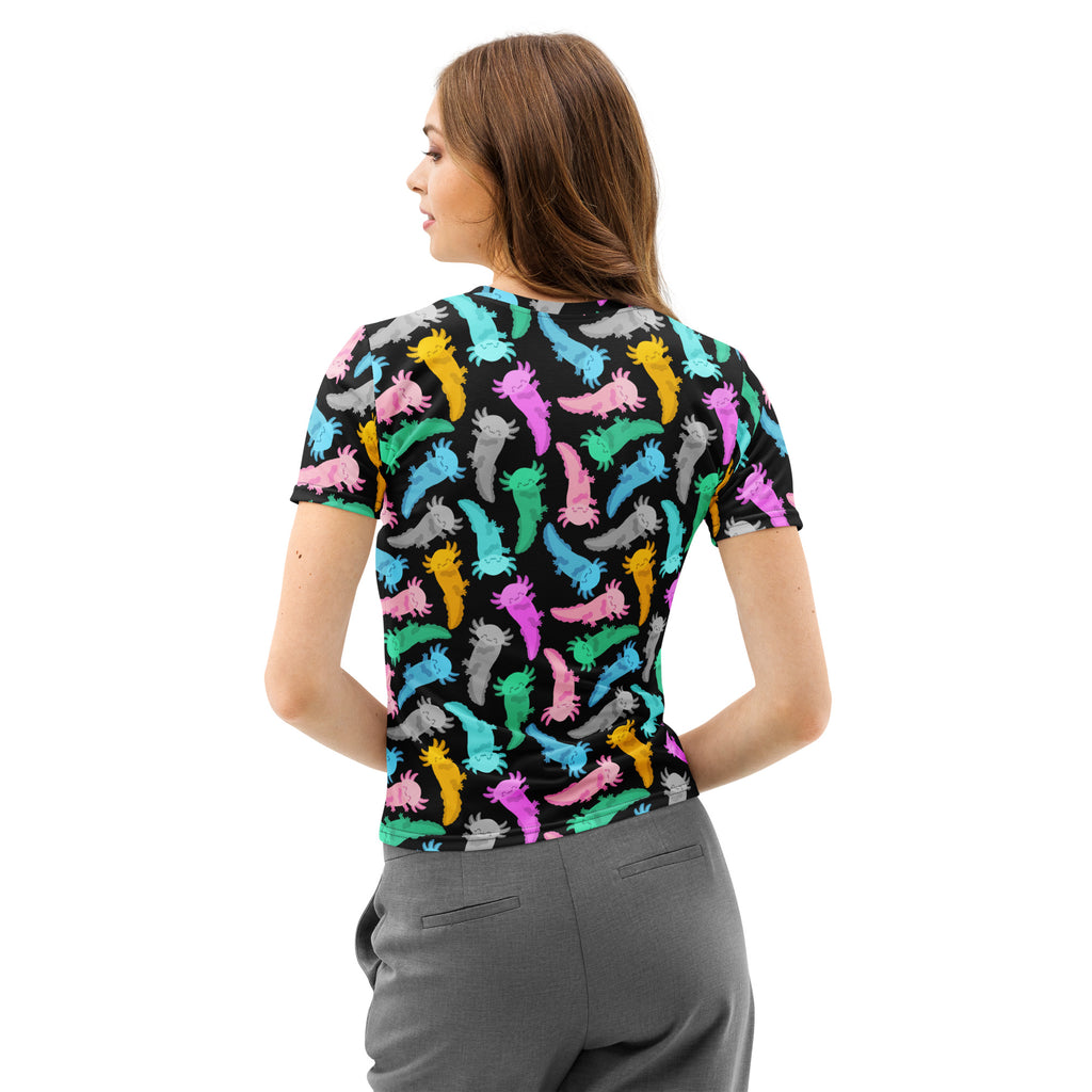 Women’s black cotton short-sleeved t-shirt with colorful axolotl print soft stretch pilling resistant tee