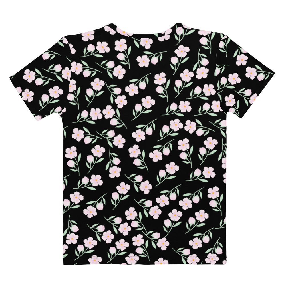 Women’s black cotton t-shirt with soft stretch and pilling resistant fabric featuring delicate pink floral print