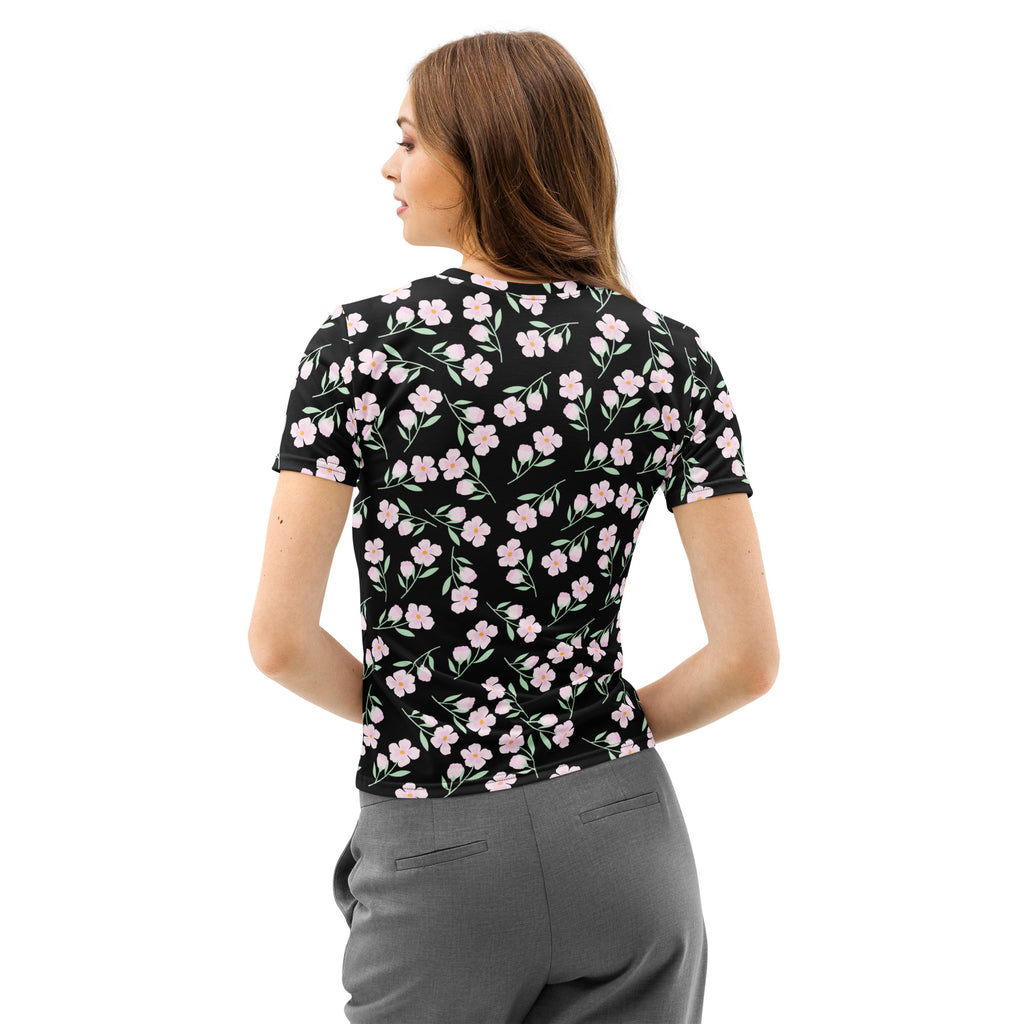 Women’s black short-sleeved cotton t-shirt with delicate pink and white floral pattern soft stretch pilling resistant tee